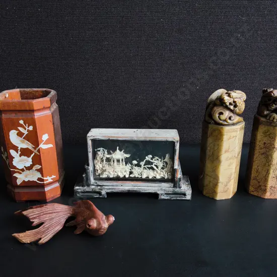 VINTAGE CHINESE DECORATIVE ITEMS, 5 PIECES, TALLEST H 14 CM