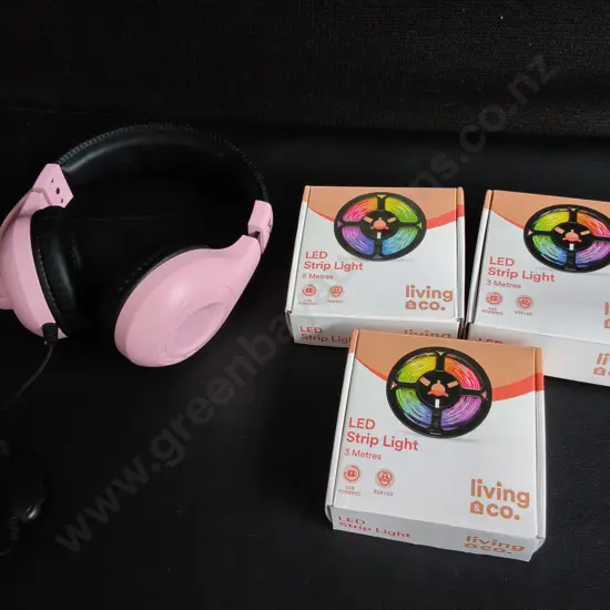 HEADPHONES AND 3 BRAND NEW PACKS OF LED STRIPS