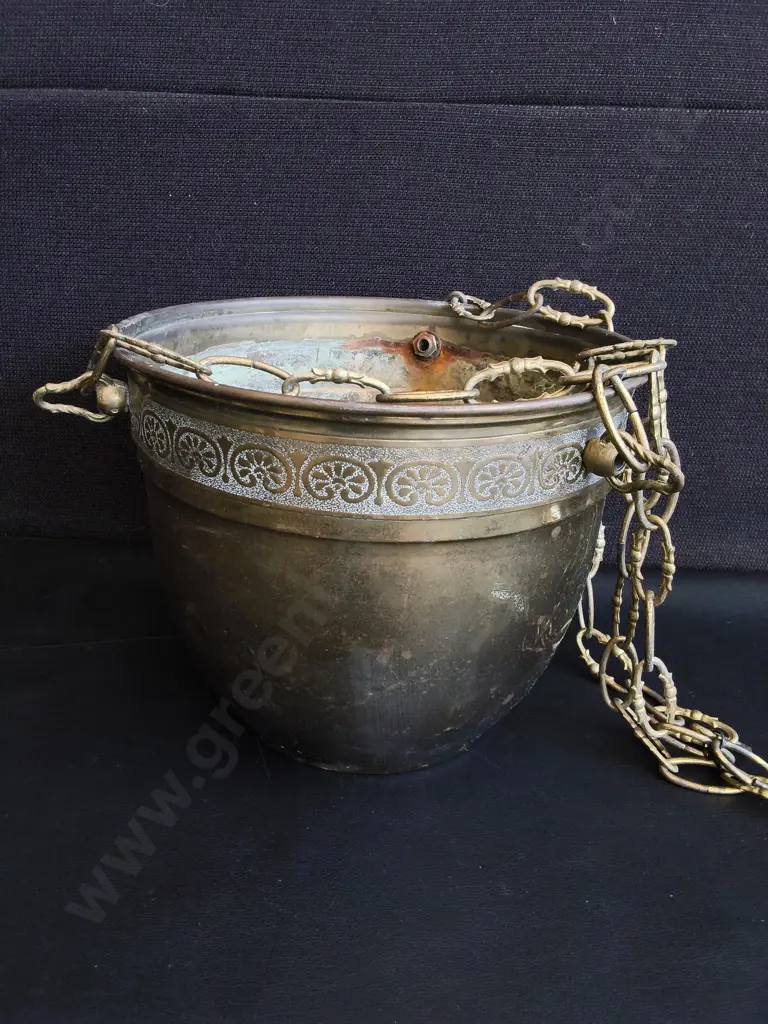 VINTAGE COPPER HANGING PLANTER WITH BRASS CHAIN, POT H 19 CM Image 1++