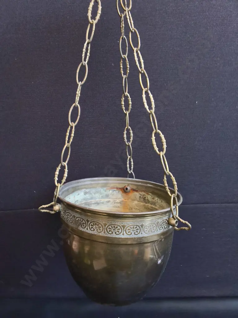 VINTAGE COPPER HANGING PLANTER WITH BRASS CHAIN, POT H 19 CM Image 1++