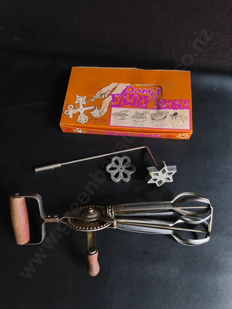 VINTAGE KITCHENWARE, EGG BEATER AND FAIRY IRONS Image 1++