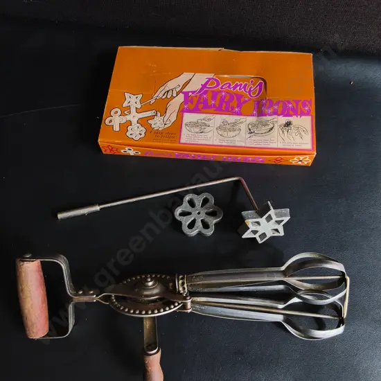 VINTAGE KITCHENWARE, EGG BEATER AND FAIRY IRONS