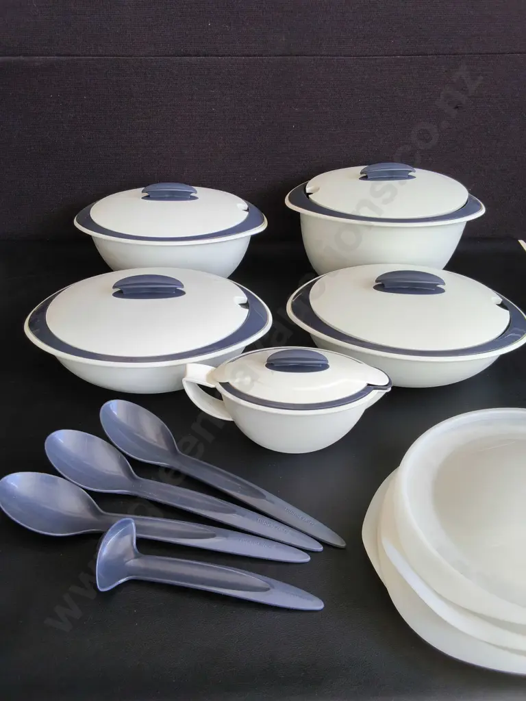 SET OF CLASSIC TUPPERWARE ISI-DUO INSULATED SERVING BOWLS WITH SPOONS AND LIDS Image 1++