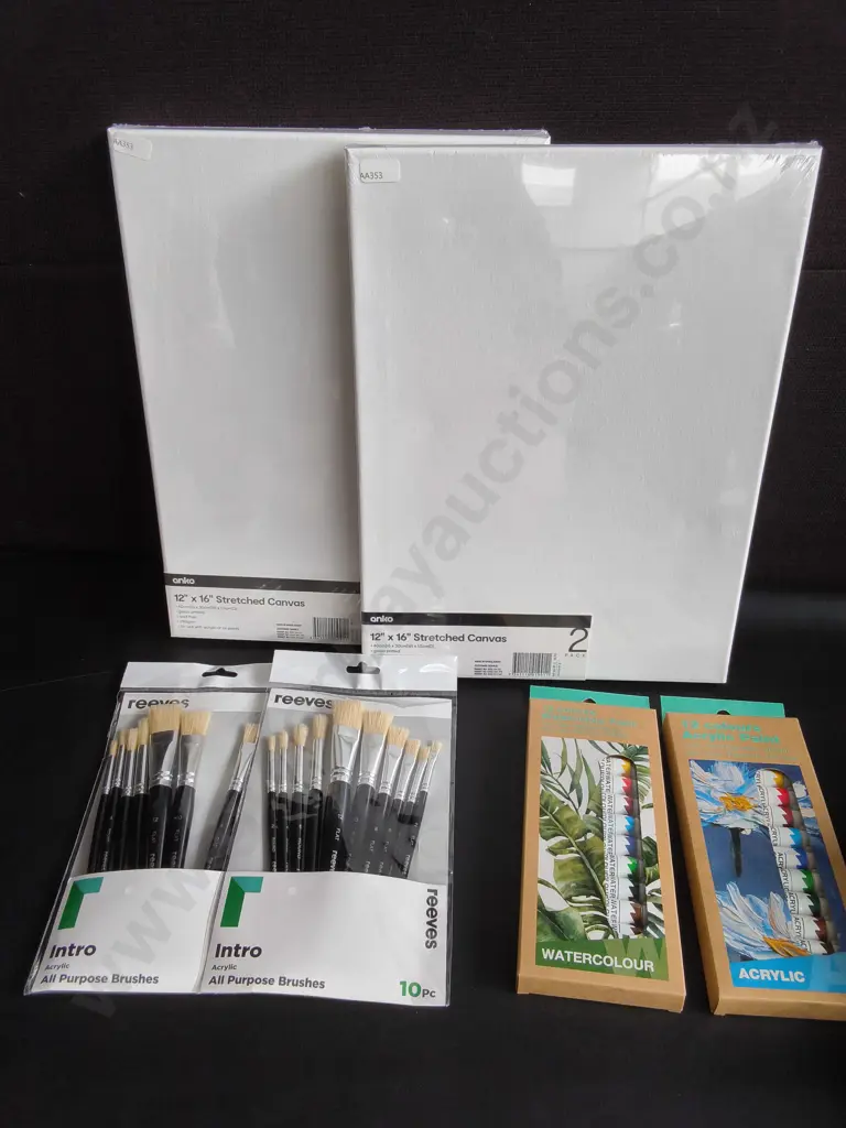 6 BRAND NEW CANVASES, PAINTBRUSHES, AND PAINTS Image 1++