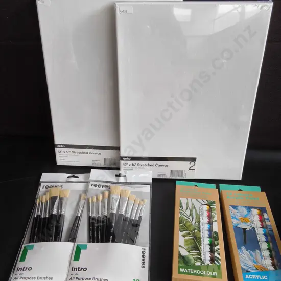 6 BRAND NEW CANVASES, PAINTBRUSHES, AND PAINTS