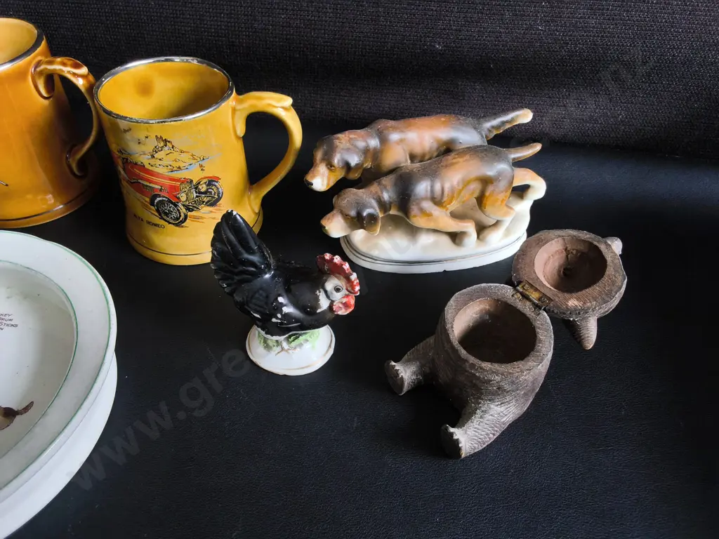 MIX OF VINTAGE ITEMS, NURSERY BOWL, CLASSIC CAR LUSTRE MUGS, AND ANIMAL FIGURES, WIDEST DIA 17 CM Image 1++