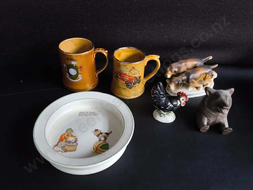 MIX OF VINTAGE ITEMS, NURSERY BOWL, CLASSIC CAR LUSTRE MUGS, AND ANIMAL FIGURES, WIDEST DIA 17 CM Image 1++