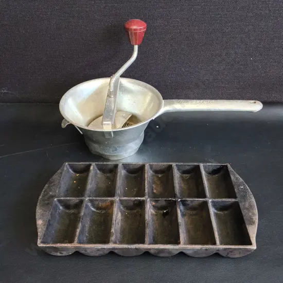 CAST IRON GEM PAN ANDVINTAGE HAND CRANK FOOD MILL