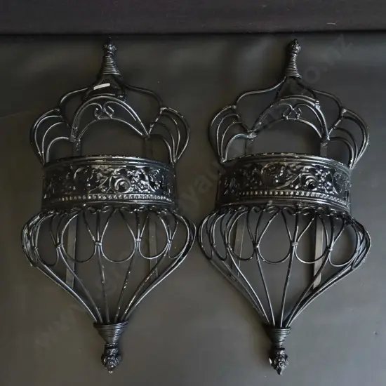 PAIR OF WROUGHT IRON FRENCH STYLE WALL MOUNTED PLANT POCKETS, H 51 CM
