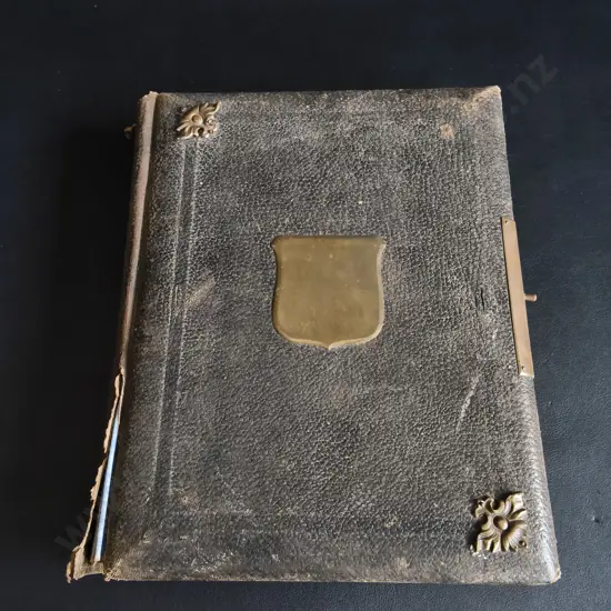 ANTIQUE LEATHER PHOTO ALBUM WITH CONTENTS