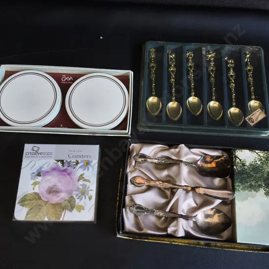 VINTAGE COASTERS AND CUTLERY SETS, INCLUDING SILVER PLATE