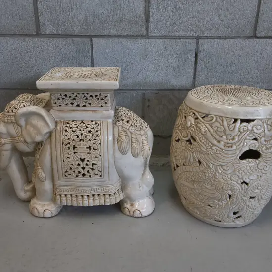PAIR OF VINTAGE CHINOISERIE CERAMIC GARDEN STOOLS, TALLEST H 44 CM