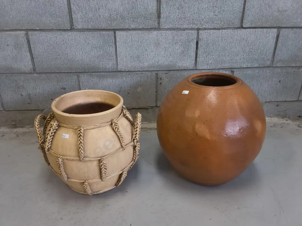 RATTAN WRAPPED POTTERY URN AND GLOBULAR STUDIO POTTERY POT, TALLEST H 43 CM Image 1++