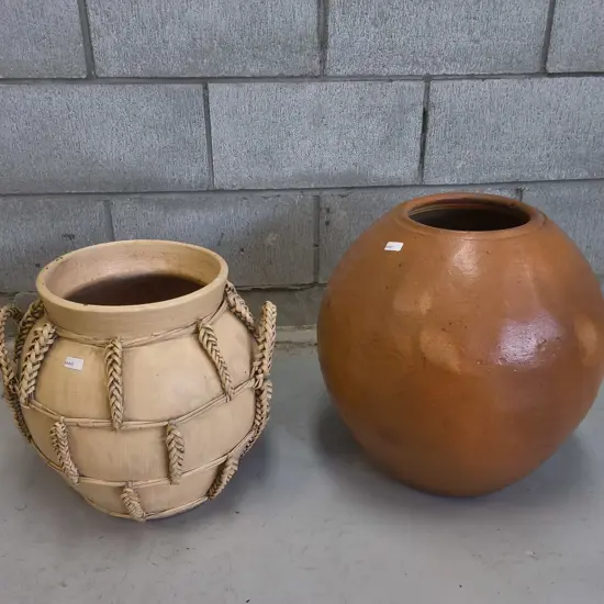 RATTAN WRAPPED POTTERY URN AND GLOBULAR STUDIO POTTERY POT, TALLEST H 43 CM