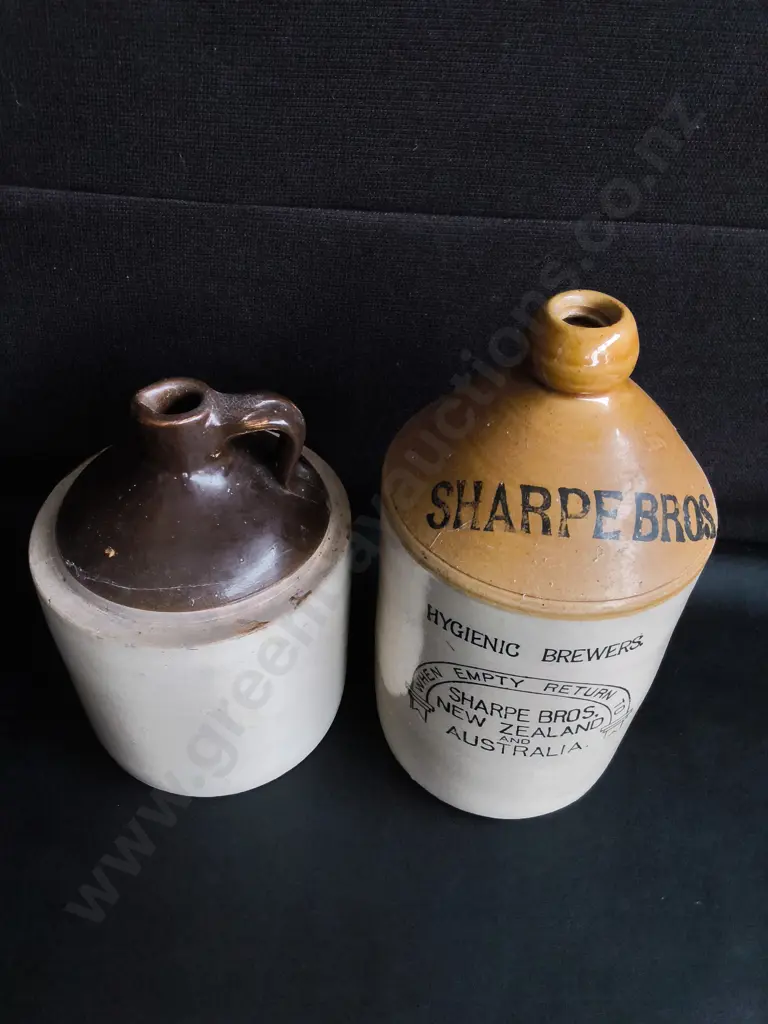 VINTAGE STONEWARE, ANTIQUE SHARPE BROS DEMIJOHN AND 2 TONE POTTERY JUG, TALLEST H 34 CM Image 1++