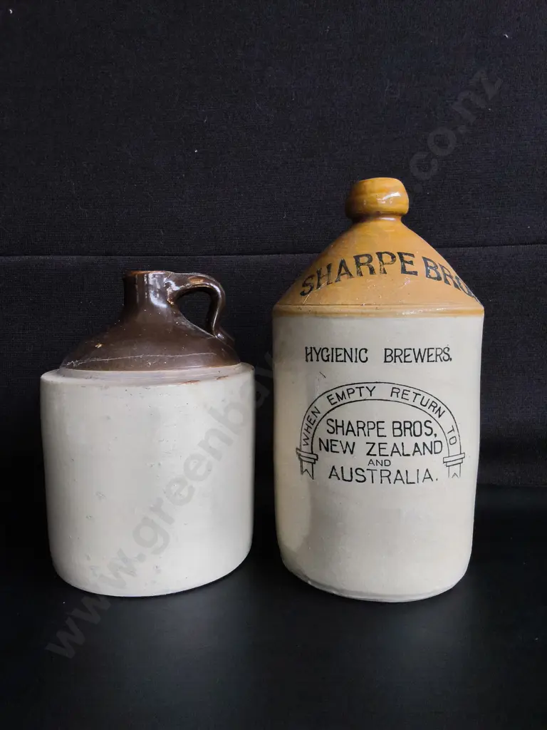 VINTAGE STONEWARE, ANTIQUE SHARPE BROS DEMIJOHN AND 2 TONE POTTERY JUG, TALLEST H 34 CM Image 1++