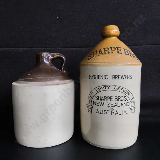 VINTAGE STONEWARE, ANTIQUE SHARPE BROS DEMIJOHN AND 2 TONE POTTERY JUG, TALLEST H 34 CM