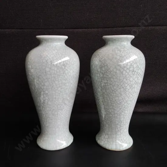 PAIR OF CHINESE STYLE CELADON CRACKLE GLAZE MEIPING VASES, H 26 CM