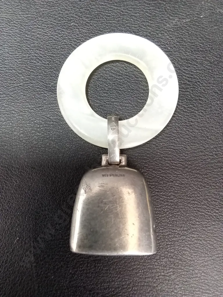 VINTAGE STERLING SILVER WEB BIRTH RECORD BABY RATTLE WITH TEETHING RING D4.5CM Image 1++