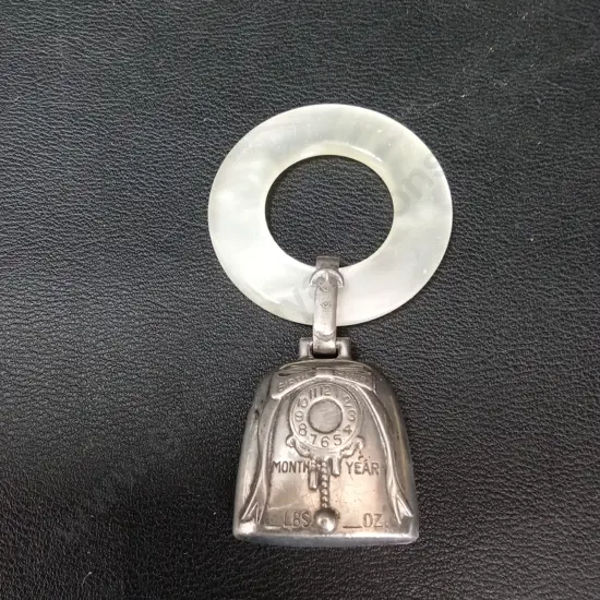 VINTAGE STERLING SILVER WEB BIRTH RECORD BABY RATTLE WITH TEETHING RING D4.5CM
