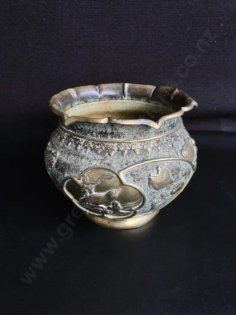 ANTIQUE ASIAN CAST BRONZE JARDINIÈRE PLANTER BOWL, XUANDE MARK, REPAIRED, H 15 CM Image 1++