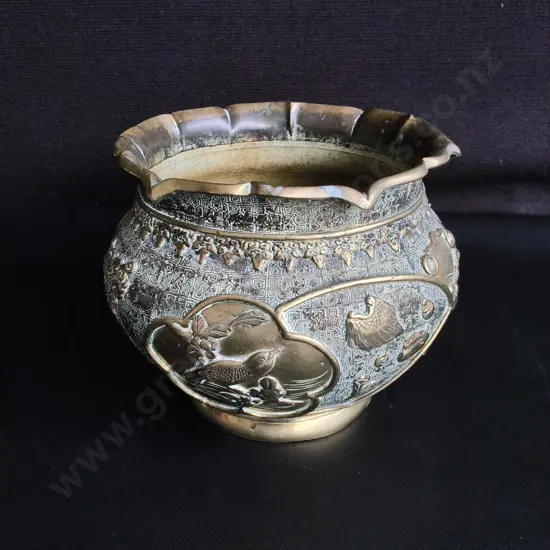 ANTIQUE ASIAN CAST BRONZE JARDINIÈRE PLANTER BOWL, XUANDE MARK, REPAIRED, H 15 CM