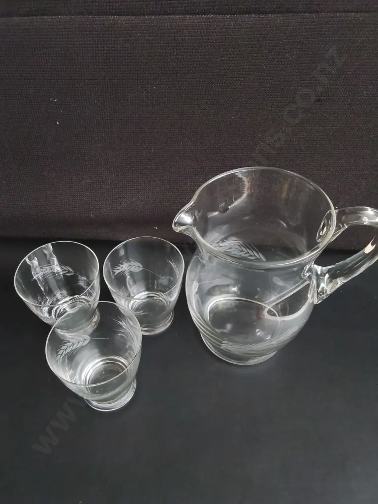 VINTAGE GLASS PITCHER AND TUMBLERS, SET OF 4, TALLEST H 20 CM Image 1++