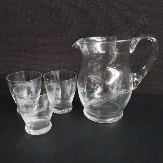 VINTAGE GLASS PITCHER AND TUMBLERS, SET OF 4, TALLEST H 20 CM