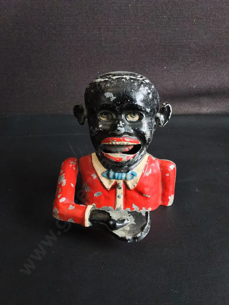 VINTAGE BLACK AMERICANA STARKIE'S PATENT MECHANICAL MONEY BOX, H 12 CM Image 1++