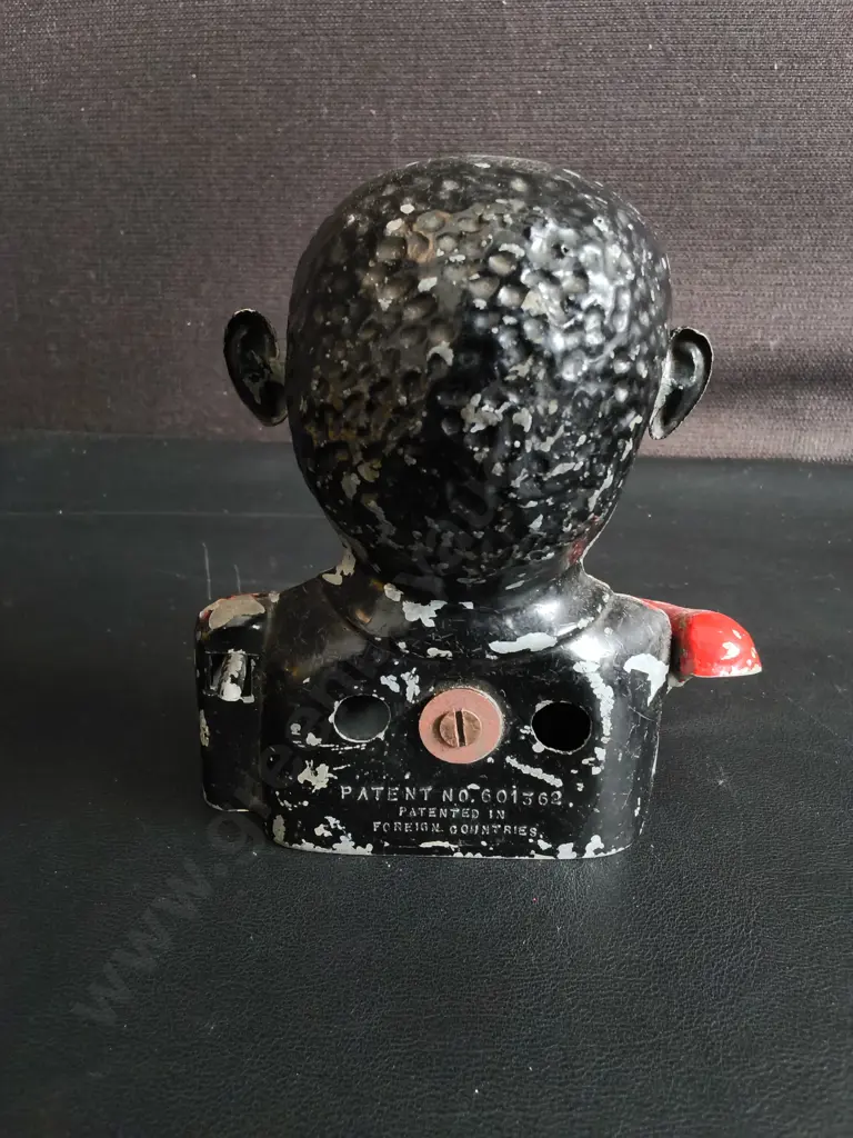 VINTAGE BLACK AMERICANA STARKIE'S PATENT MECHANICAL MONEY BOX, H 12 CM Image 1++