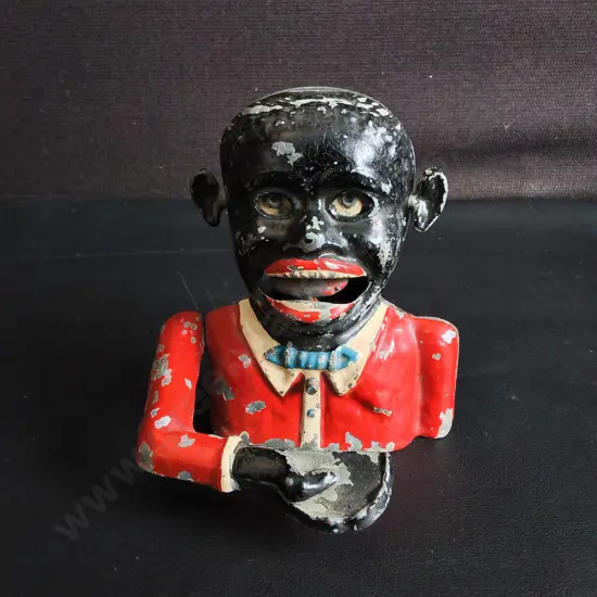 VINTAGE BLACK AMERICANA STARKIE'S PATENT MECHANICAL MONEY BOX, H 12 CM