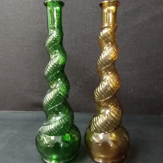 2 VINTAGE EMPOLI DEPOSE ITALIAN GLASS GENIE BOTTLE VASES H32CM