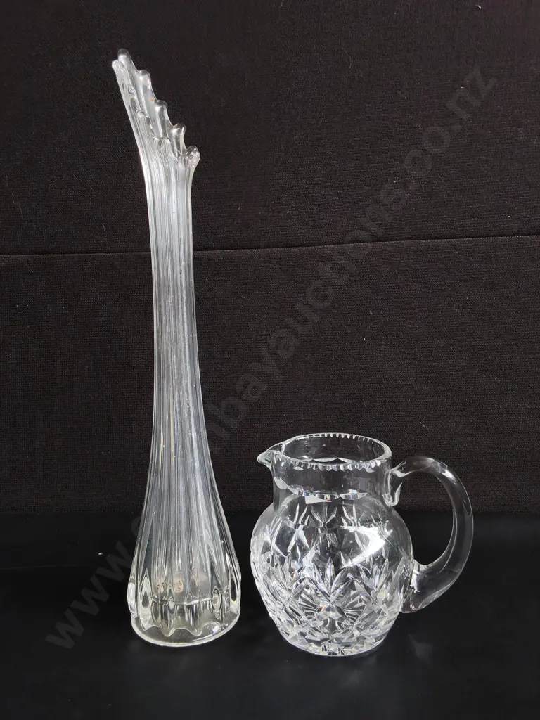 WEBB CORBETT CRYSTAL PITCHER AND RIBBED SWUNG GLASS VASE, TALLEST H 42 CM Image 1++