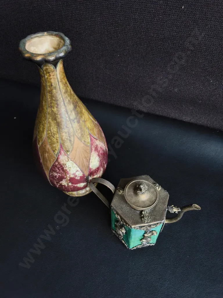 VINTAGE ART NOUVEAU AMPHORA CERAMIC VASE AND MINIATURE CHINESE MIXED METAL TEA POT, TALLEST H 23 CM Image 1++