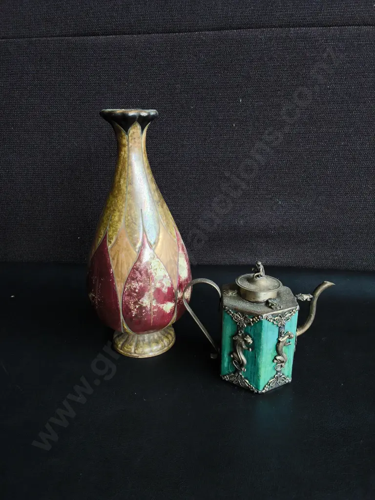 VINTAGE ART NOUVEAU AMPHORA CERAMIC VASE AND MINIATURE CHINESE MIXED METAL TEA POT, TALLEST H 23 CM Image 1++