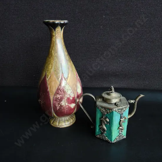 VINTAGE ART NOUVEAU AMPHORA CERAMIC VASE AND MINIATURE CHINESE MIXED METAL TEA POT, TALLEST H 23 CM