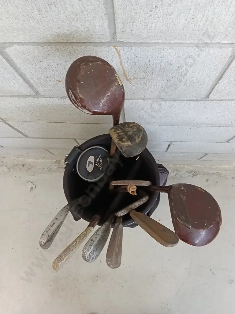 SET OF VINTAGE WOODEN AND METAL GOLF CLUBS IN MULTI POCKET CARRYING STAND Image 1++