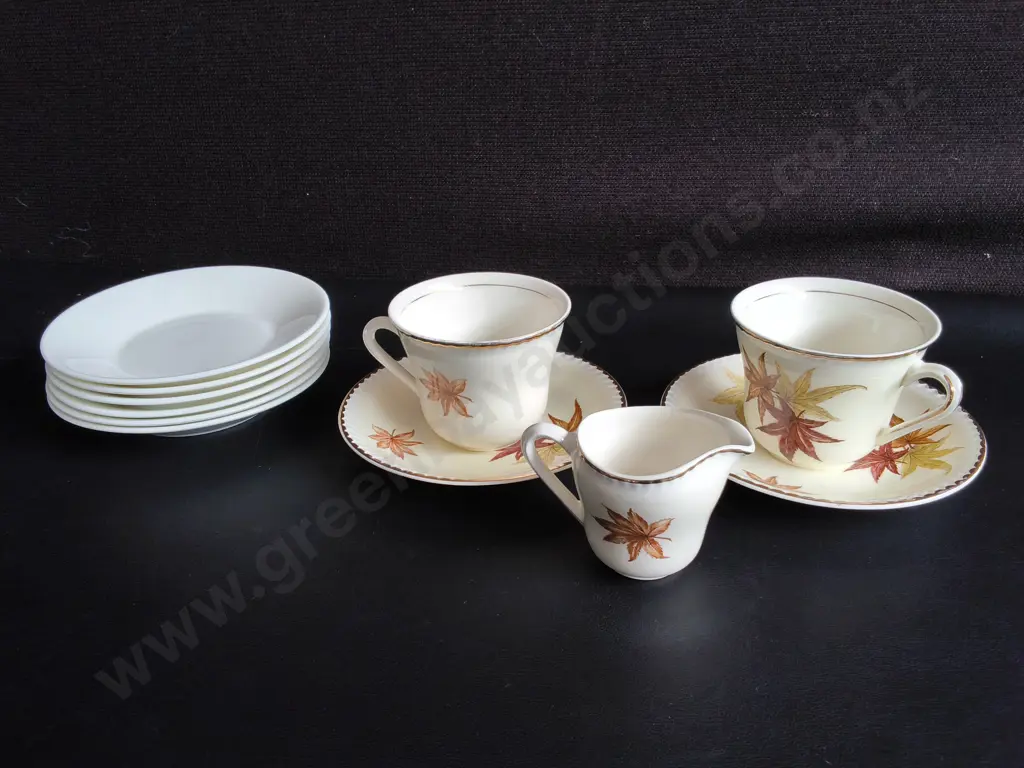 PORTLAND POTTERY 5 PIECE SET AND SET OF 6 WEDGWOOD SAUCERS Image 1++