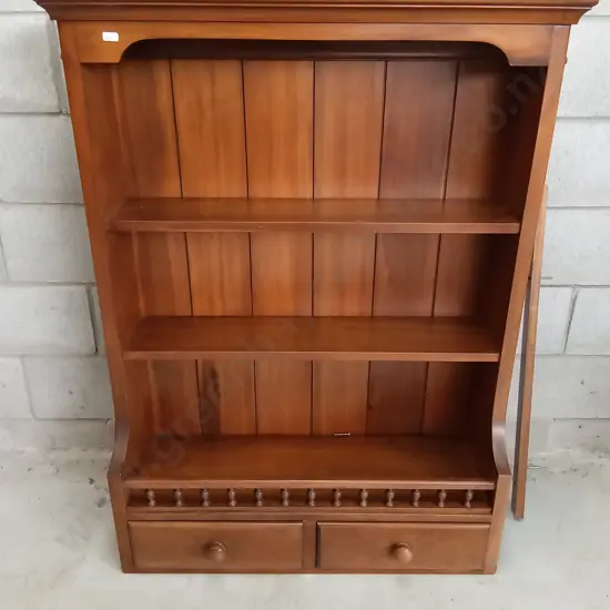 VINTAGE WOODEN WALL MOUNTED SHELF WITH BOTTOM DRAWERS, H 115CM X W 88CM X D 22CM