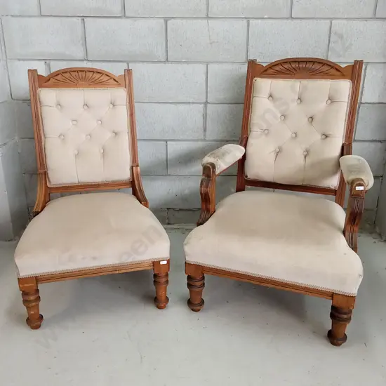 VINTAGE VICTORIAN STYLE CARVED WOODEN ARMCHAIRS, H 94CM X W 62CM D 62CM (RIGHT CHAIR)