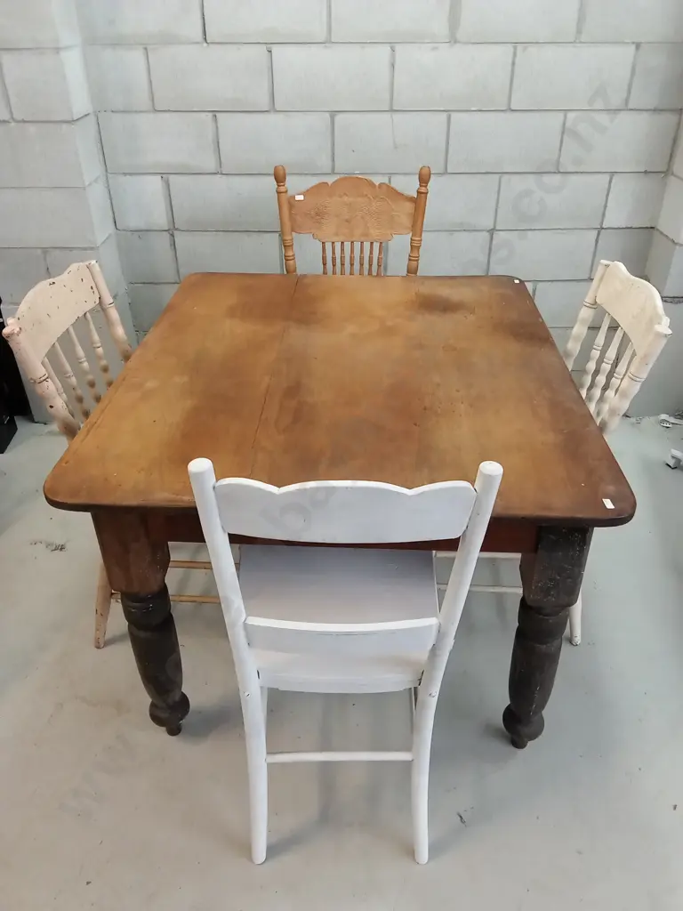 VINTAGE WOODEN SQUARE FARMHOUSE DINING TABLE WITH FOUR CHAIRS, H 75CM X W 118CM X D 102CM Image 1++