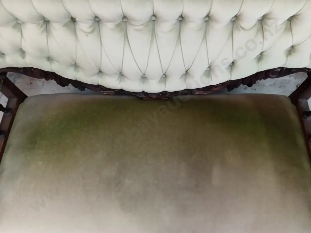 VINTAGE VICTORIAN STYLE CARVED WOOD SETTEE, WITH PISTACHIO VELVET UPHOLSTERY, H 94CM X W 144CM X D 84CM Image 1++