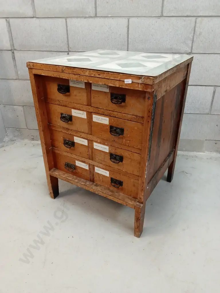 VINTAGE WOODEN MULTI-DRAWER STORAGE WITH TILE LINO TOP, H 77CM X W 55CM X D 53CM Image 1++