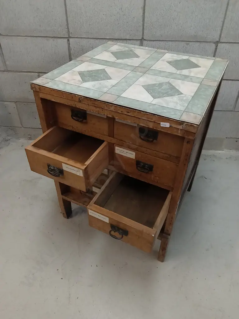 VINTAGE WOODEN MULTI-DRAWER STORAGE WITH TILE LINO TOP, H 77CM X W 55CM X D 53CM Image 1++