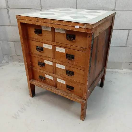 VINTAGE WOODEN MULTI-DRAWER STORAGE WITH TILE LINO TOP, H 77CM X W 55CM X D 53CM