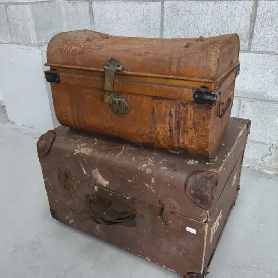 VINTAGE INDUSTRIAL METAL DOME TRUNK AND LEATHER SUITCASE, WIDEST W 56 CM