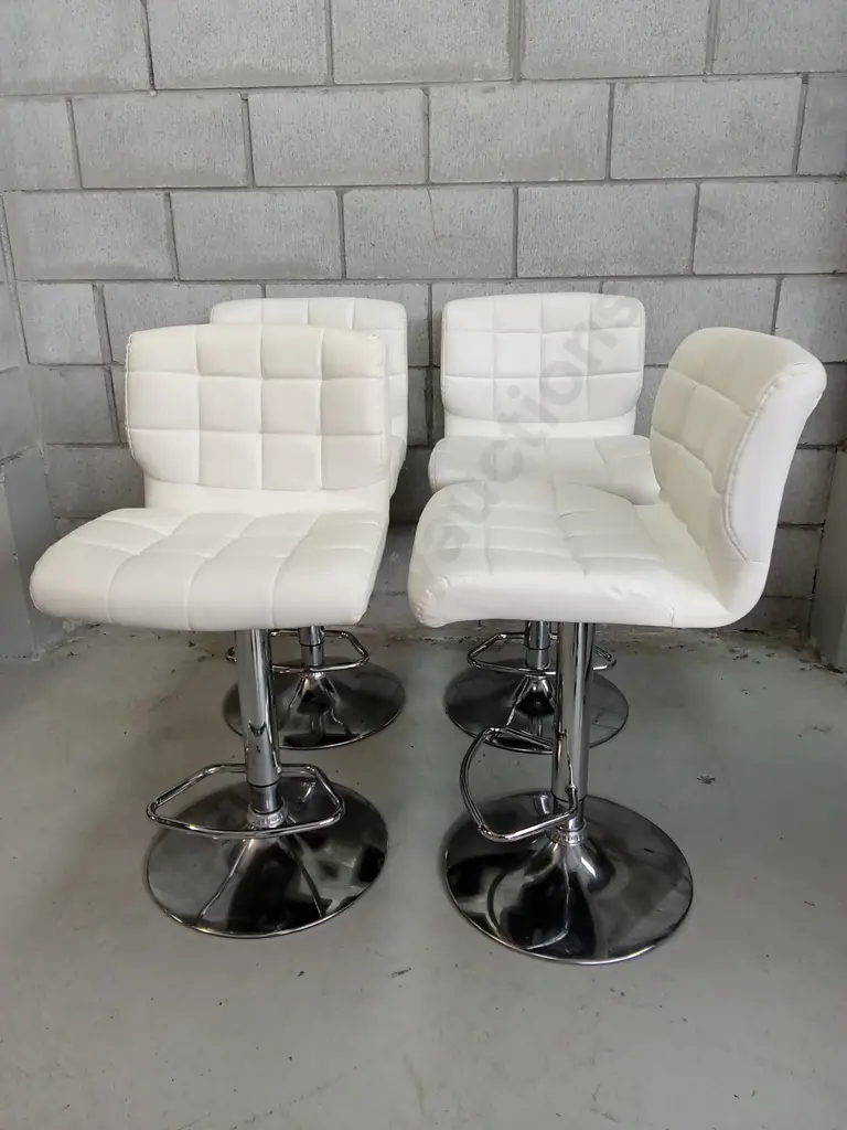 WHITE FAUX-LEATHER GAS-LIFT SWIVEL BAR STOOLS, H 87CM - 109CM Image 1++