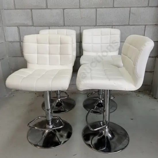 WHITE FAUX-LEATHER GAS-LIFT SWIVEL BAR STOOLS, H 87CM - 109CM