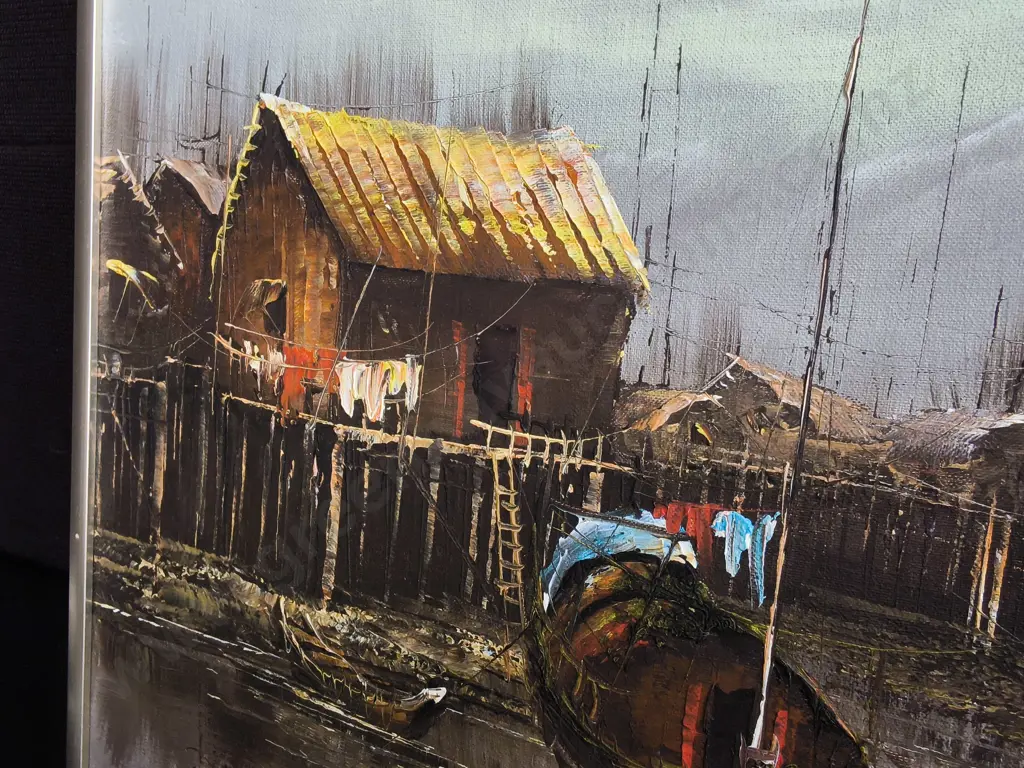VINTAGE MID CENTURY ASIAN FISHING VILLAGE PAINTING, FRAMED, H 46 CM X W 60 CM Image 1++