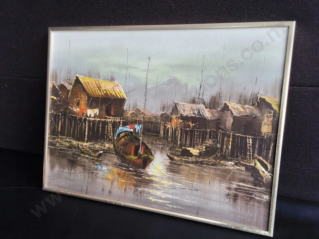 VINTAGE MID CENTURY ASIAN FISHING VILLAGE PAINTING, FRAMED, H 46 CM X W 60 CM Image 1++